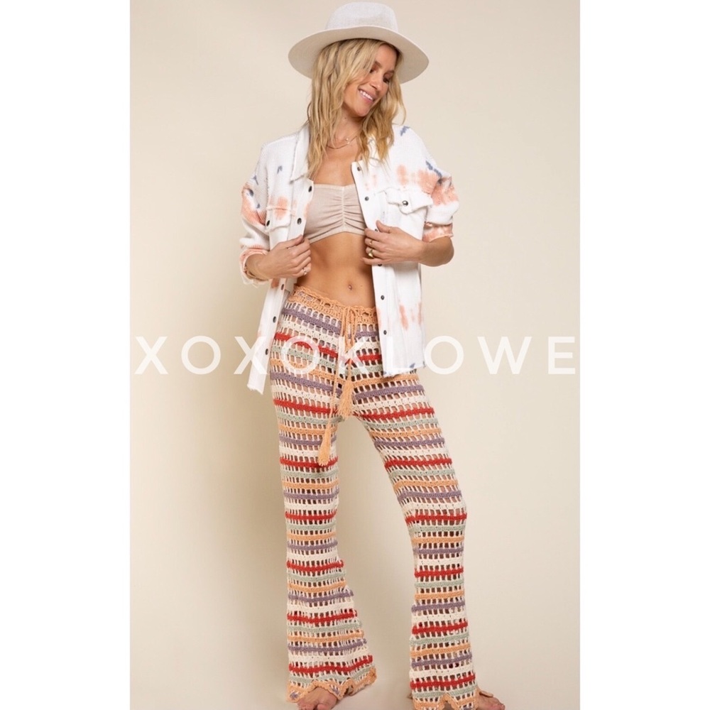LAST ONE POL Low Rise Retro Striped Crochet Flare Pants - Picture 4 of 16